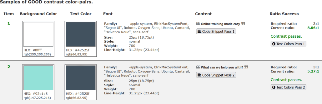 Good contrast color pairs from A11y